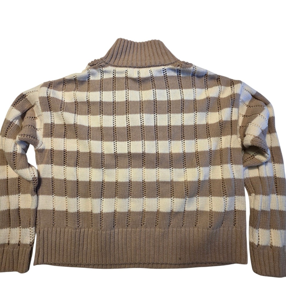 A New Day Quarter Zip Sweater Women Medium Tan Cream Excellent Striped Pointelle - Picture 5 of 10